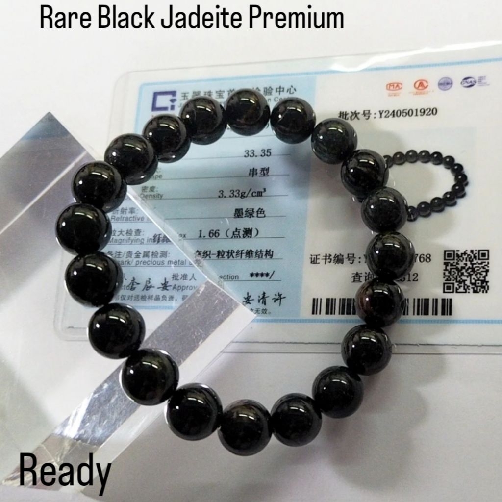 Gelang Giok Hitam/ Black Jadeite Butiran 10mm Premium Langka Bersertifikat Grade A 1920