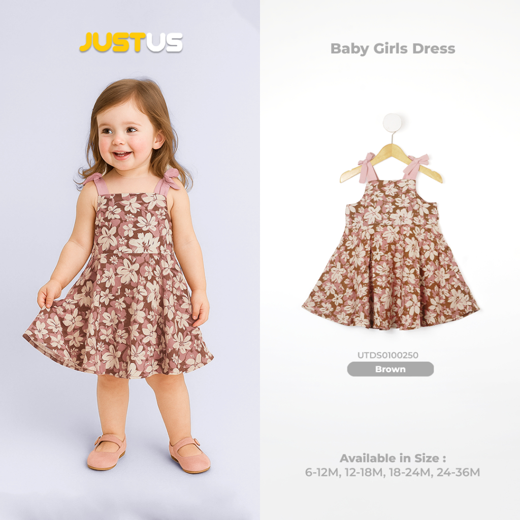 JUST US - Dress Bayi Perempuan 6–36 Bulan – Gaun Bunga Cantik Warna Coklat Pink Tali Pita Katun Prem