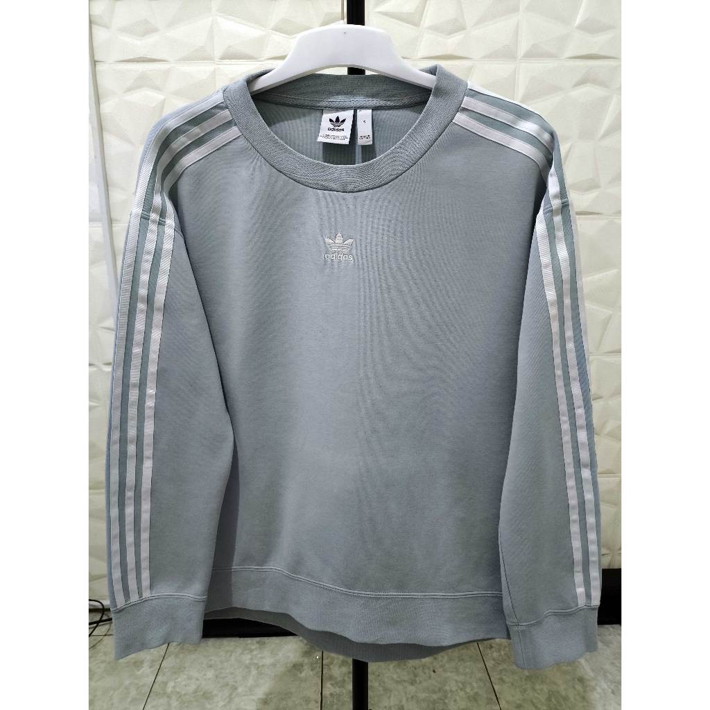 Sweater CN Crewneck Adidas Ringer Logo Center Garis Tiga Biru Muda
