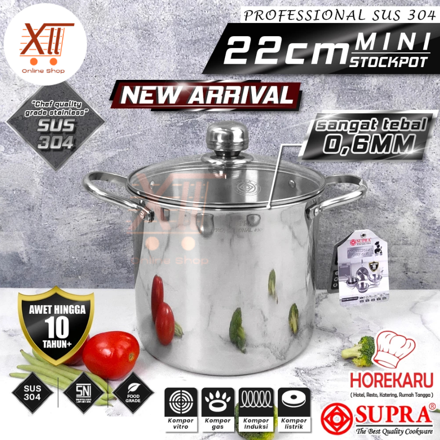 SUPRA MINI STOCKPOT 22 CM WITH GLASS LID Panci Stock Pot / Soup Pot Professional Stainless Steel SUS