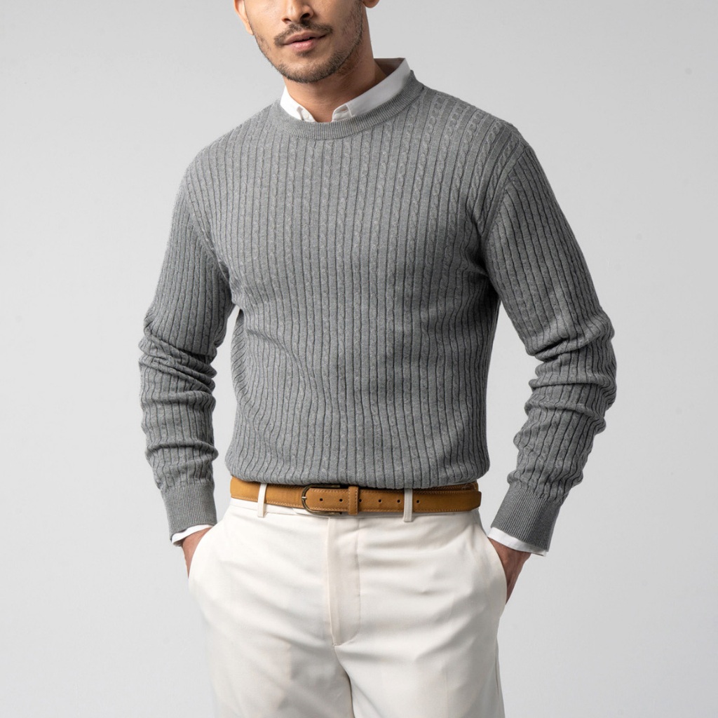 VENGOZ Sweater Rajut Pria Premium - Mens Cable Knit Cotton Sweater Grey LS