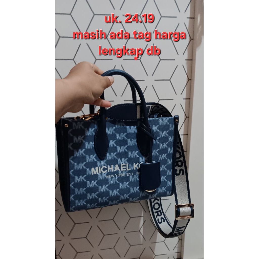 TAS Tote Mini Canvas bercorak Mix Kulit biru MK* Seken Prelove