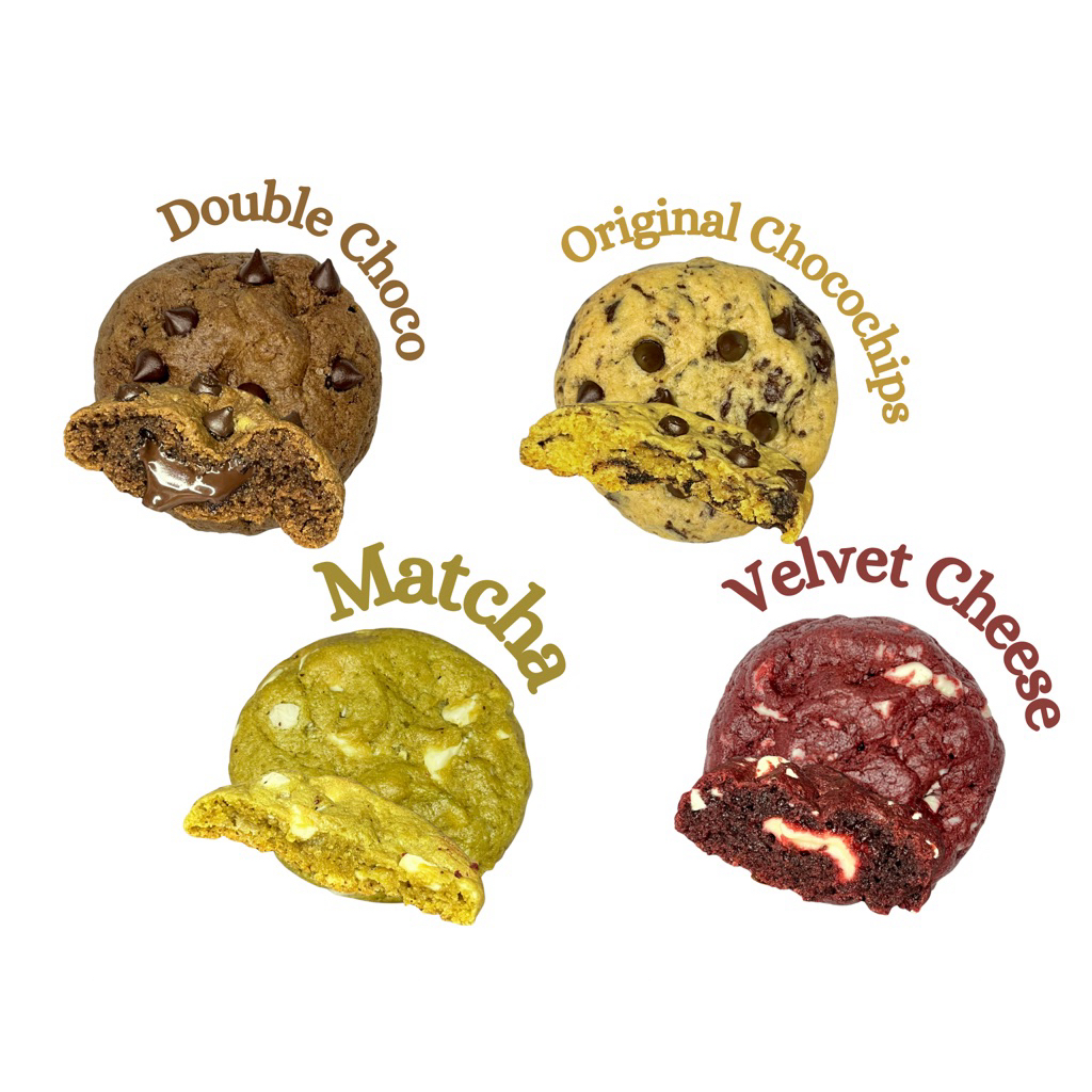 

SOFT COOKIES CHOCO CHIPS MATCHA RED VELVET CHEESE DOUBLE CHOCO