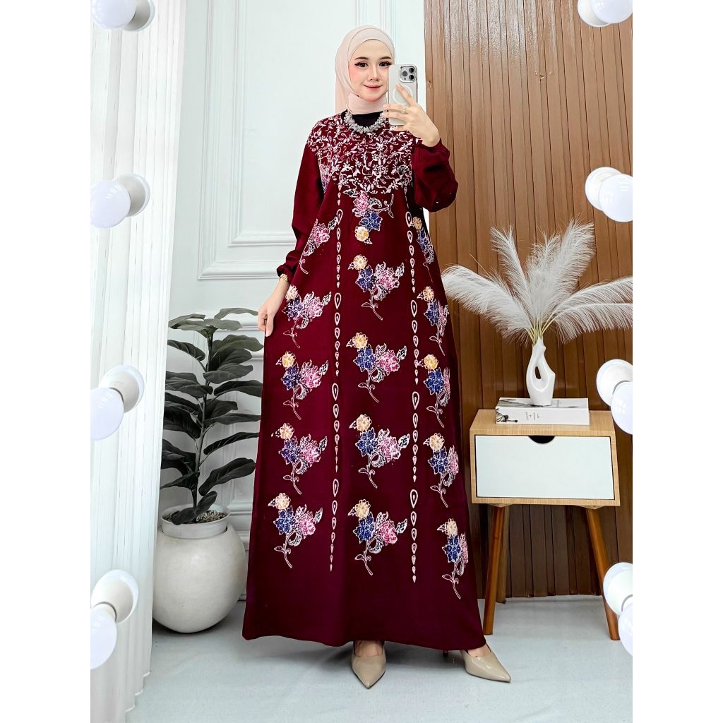 Gamis Batik Encim Adem Nyaman Panjang Muslimah-Merah rantai