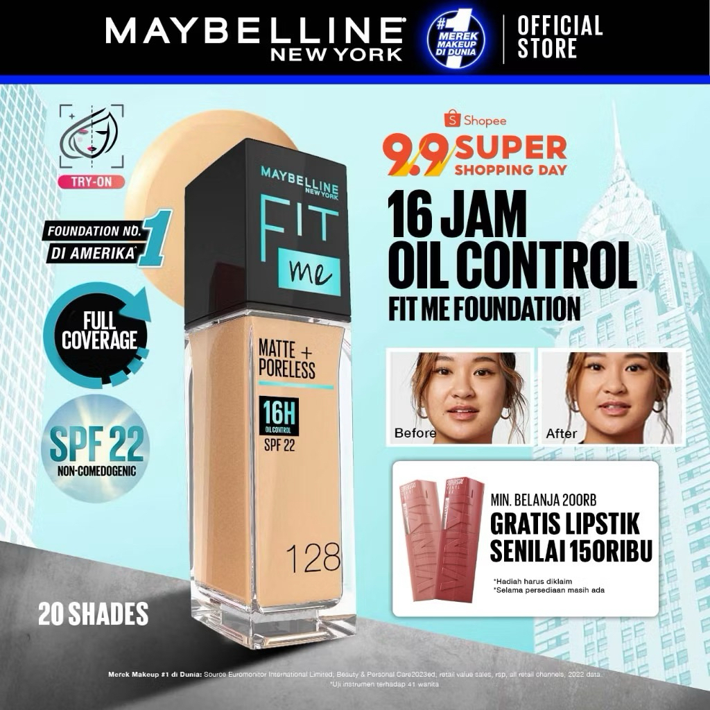 MAYBELLINE OFFICIAL Fit Me Matte + Poreless Liquid Foundation Make Up 30ml SPF 22 Makeup Ringan High