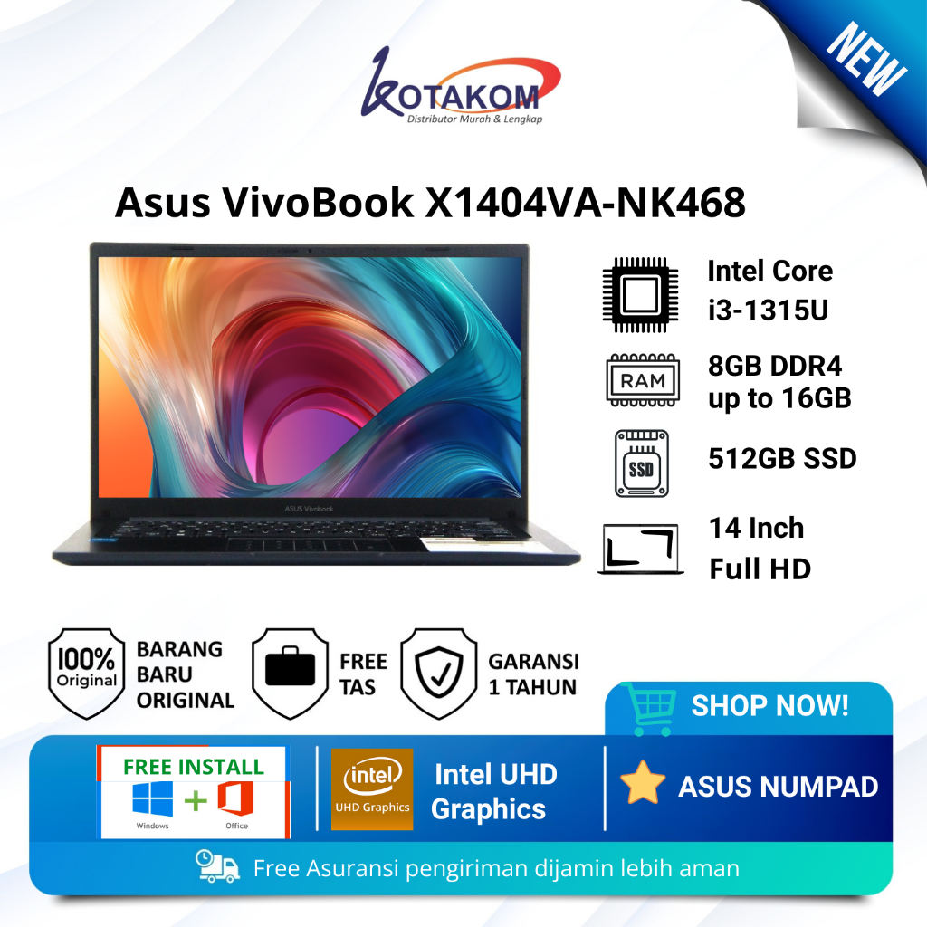 Laptop Baru Asus VivoBook X1404VA-NK468 Intel Core i3 1315U RAM 16GB SSD 512GB Display 14" Asus NumP