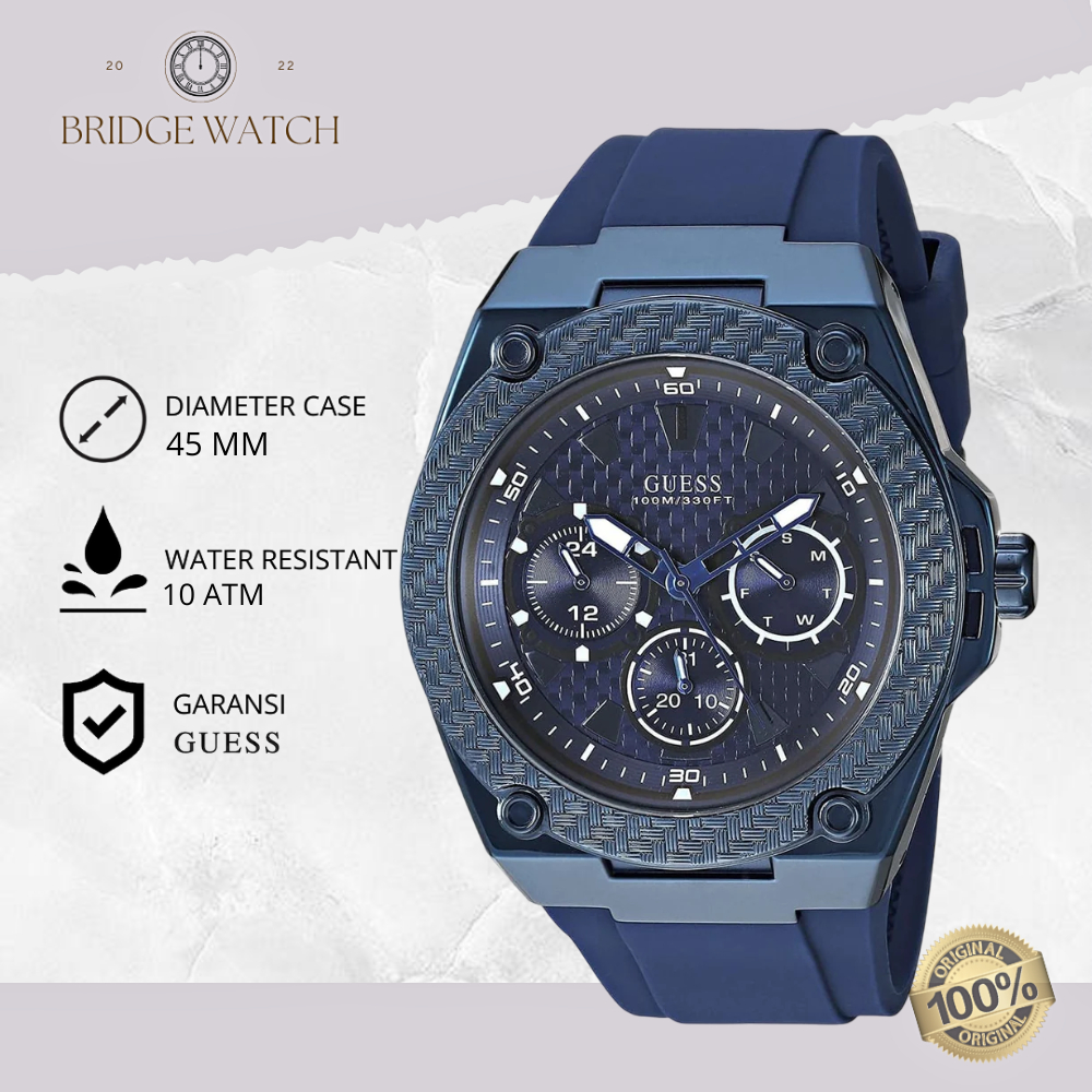 Jam Tangan Pria Guess Legacy W1049G7 Original Analog Chronograph Sporty Blue Rubber Strap Silicon Co