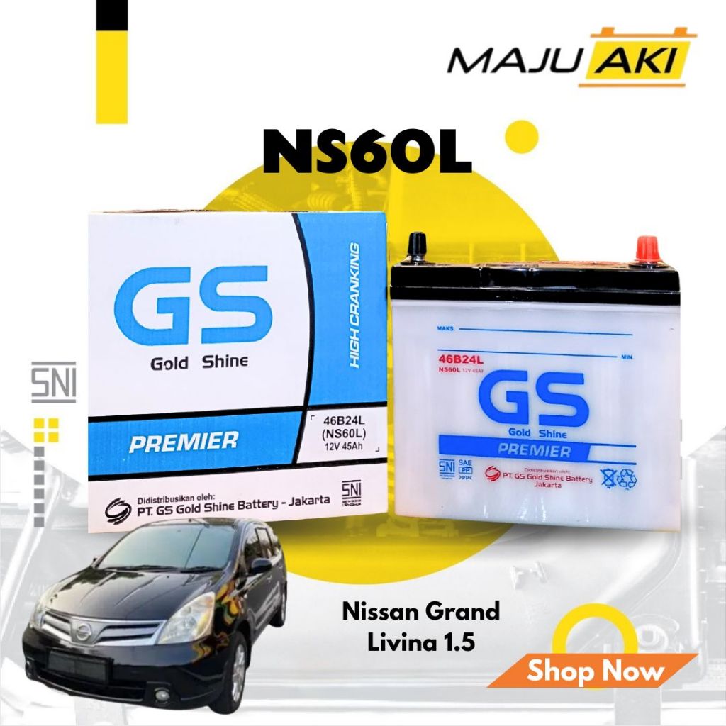 Aki Mobil Grand Livina 1.5L Aki Basah GS Gold Shine Dry Charge Premier NS60L 12V 45Ah
