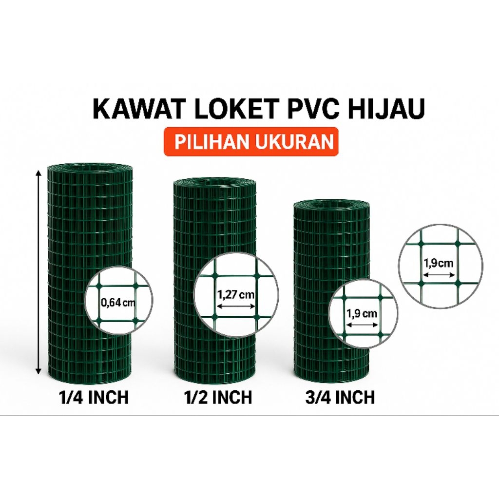 Kawat Loket Hijau PVC 1/4 1/2 3/4 Inch Ram Kandang Ayam Burung Full Roll 8M Tebal Anti Karat