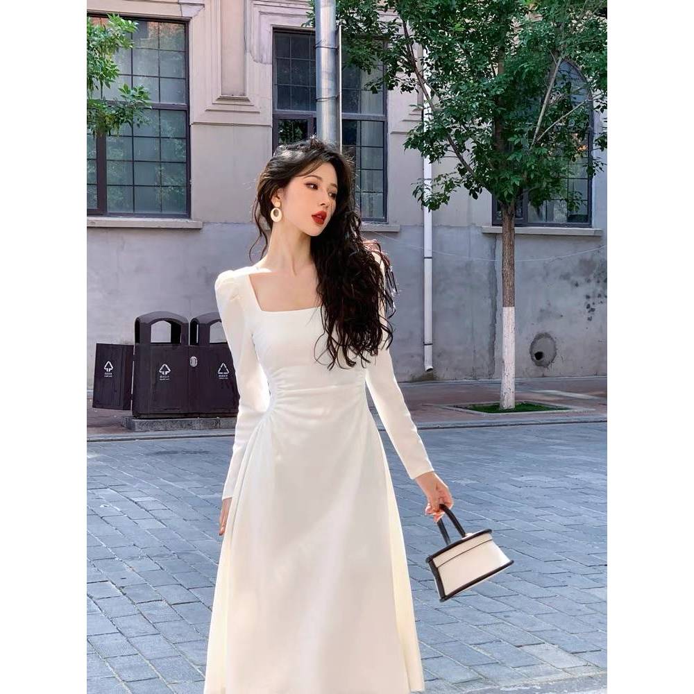 YIMITA baju dress putih lengan panjang korean style wanita kekinian kondangan import long dress