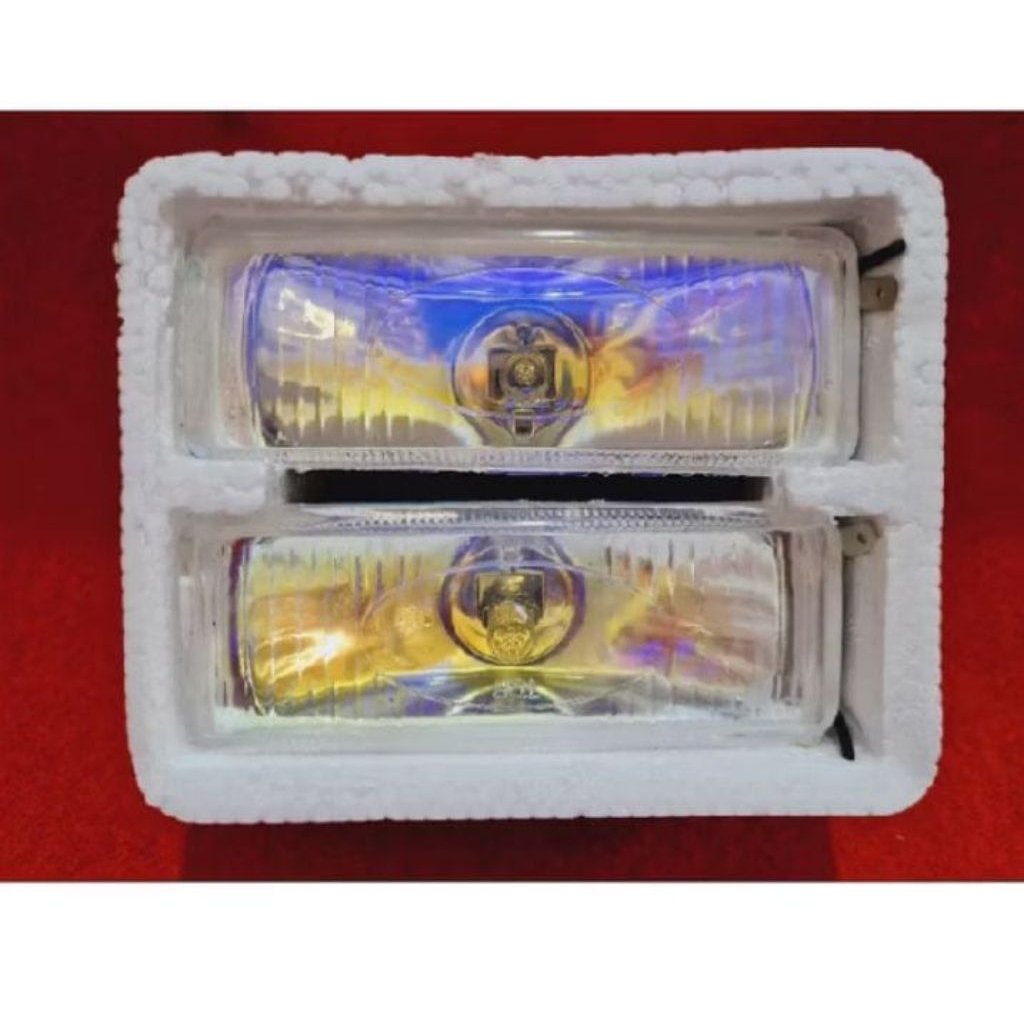 LAMPU TEMBAK SOROT FOGLAM HALOGEN PELANGI KOTAK MOTOR 12 VOLT AC DC.