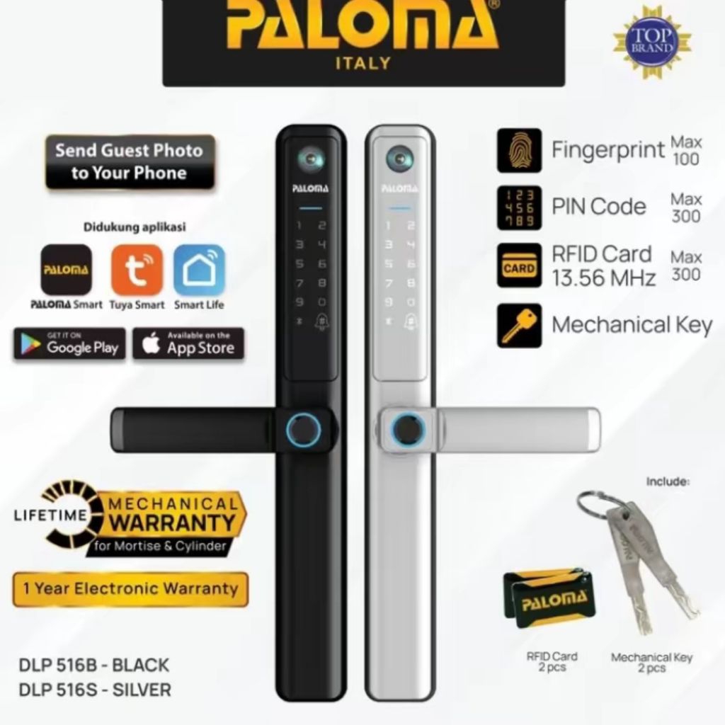 PALOMA DLP 516B DLP 516S Smart Lock Paloma Tuya Wifi Pintu Aluminium Slim Frame Black Silver