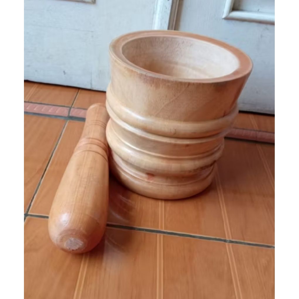 Lumpang Tumbukan Kayu Pinus Jumbo | Halu Lumpang Penghalus Rempah Rempah Serbaguna