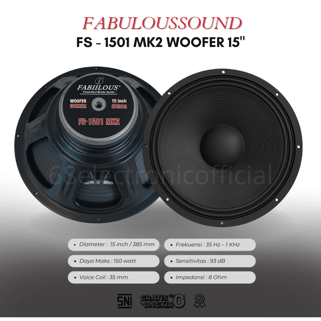 Woofer FabulousSound FS-1501 MK2 – Speaker 15 Inch 150 Watt 8 Ohm Bass Powerfull
