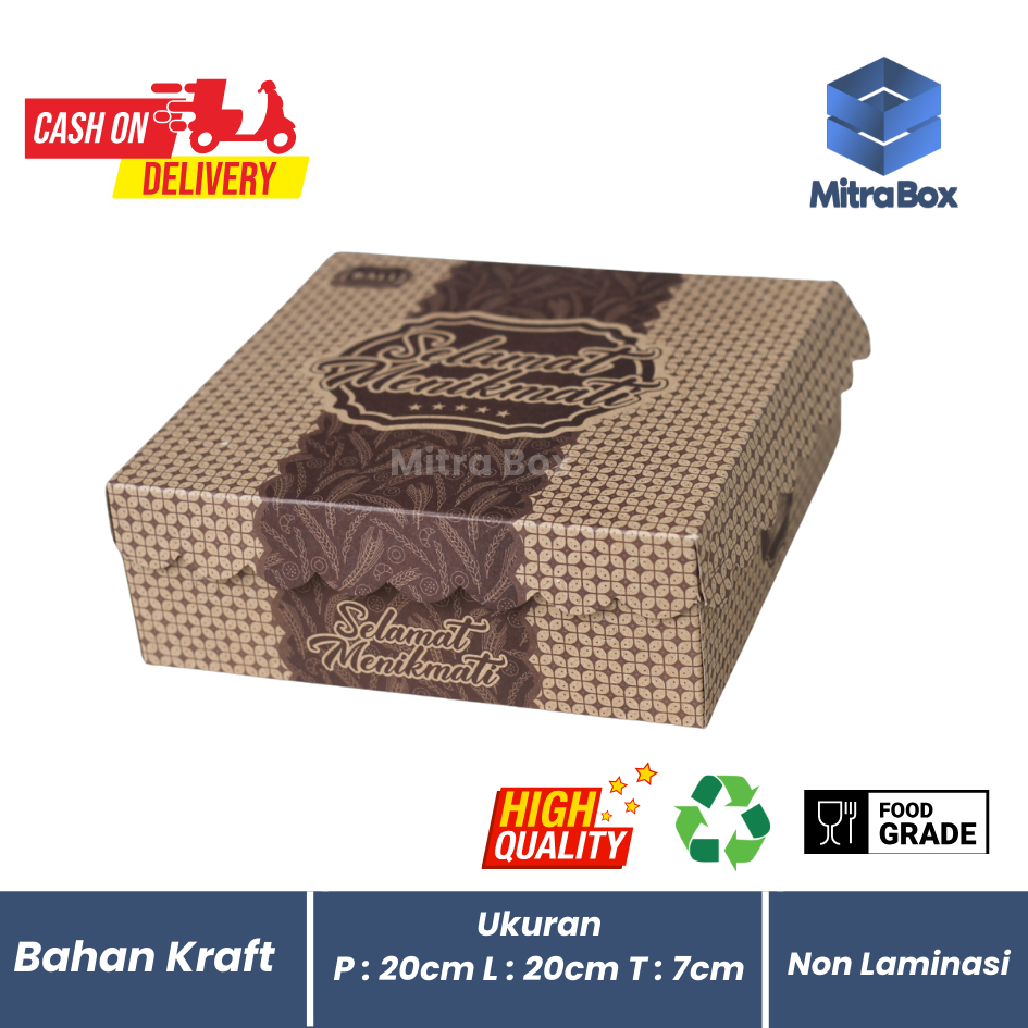 Dus Kemasan Martabak Kraft Motif Batik 20x20x7 cm – Food Grade, Tanpa Laminasi | Mitra Box 100 PCS