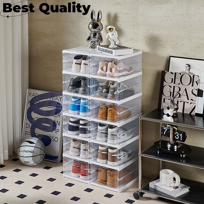 FITGO Transparan Lipat Rak second deploymen Rak Sepatu Lipat Susun Lemari Sepatu Plastik Tertutup Ko