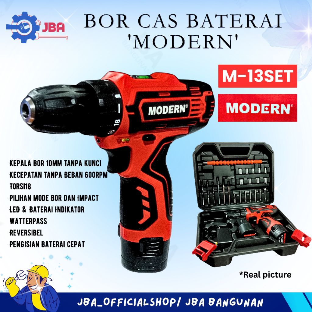 Mesin Bor Baterai Modern M-13 Set / Mesin bor Cas Baterai M 13 Set / Coredrless Drill Baterai