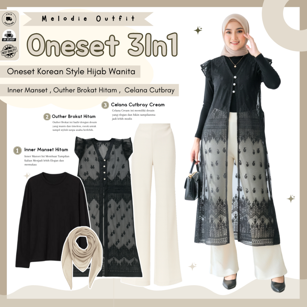 Marta One Set OOTD Hijab Style ( Hijab  +  Outer Brokat + Celana )  Outfit Kondangan Wanita - MO152