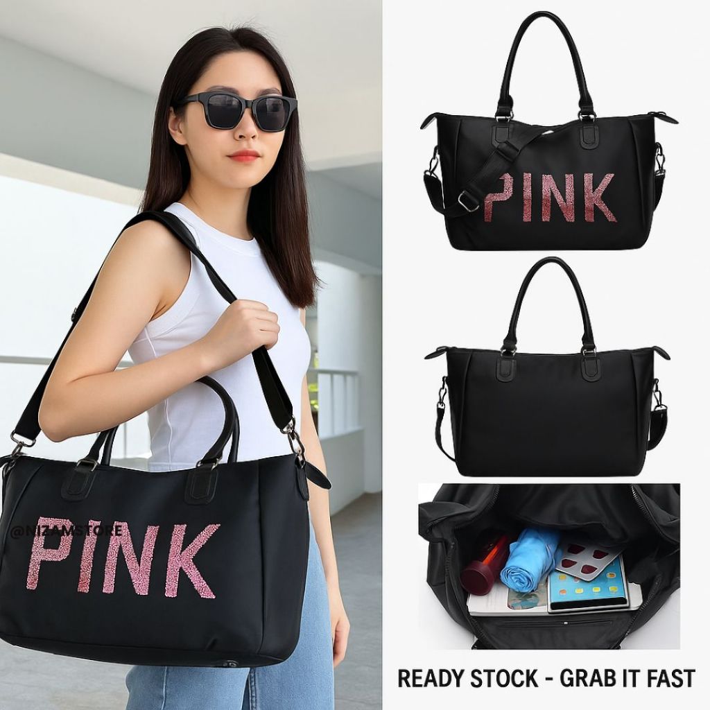 Tas Selempang Wanita Kekinian PINK – Tas Olahraga Gym Bag Nylon Besar Stylish Travel Sling Bag Impor