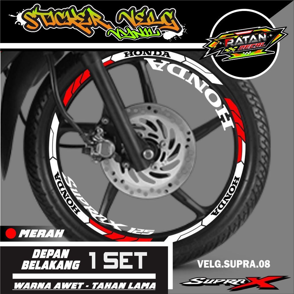 (COD) Cutting Stiker Velg Honda Supra - Stiker Lis Variasi Ban/Velg Honda Supra Merah - Paket Hemat 