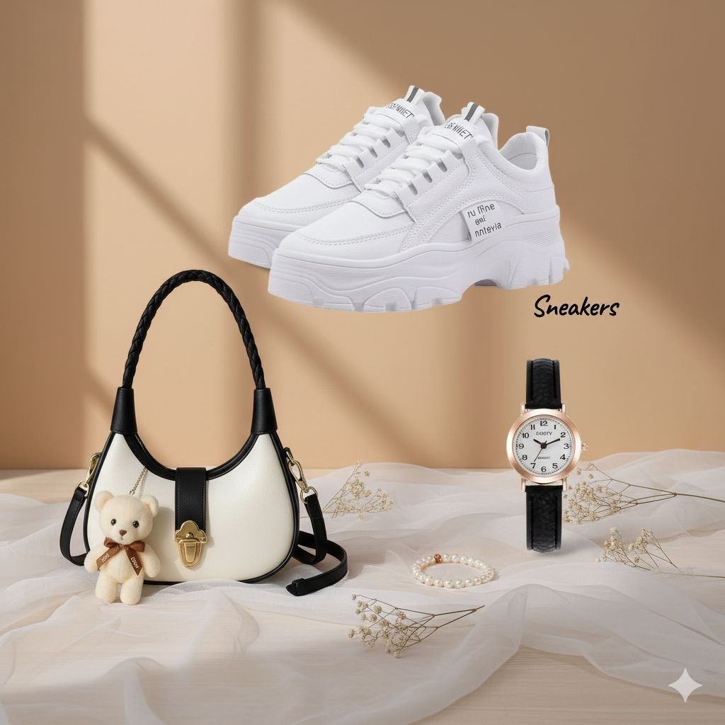 paket hemat 3set sepatu wanita sneakers s15+jam tangan+tas slempang bonpita plus boneka