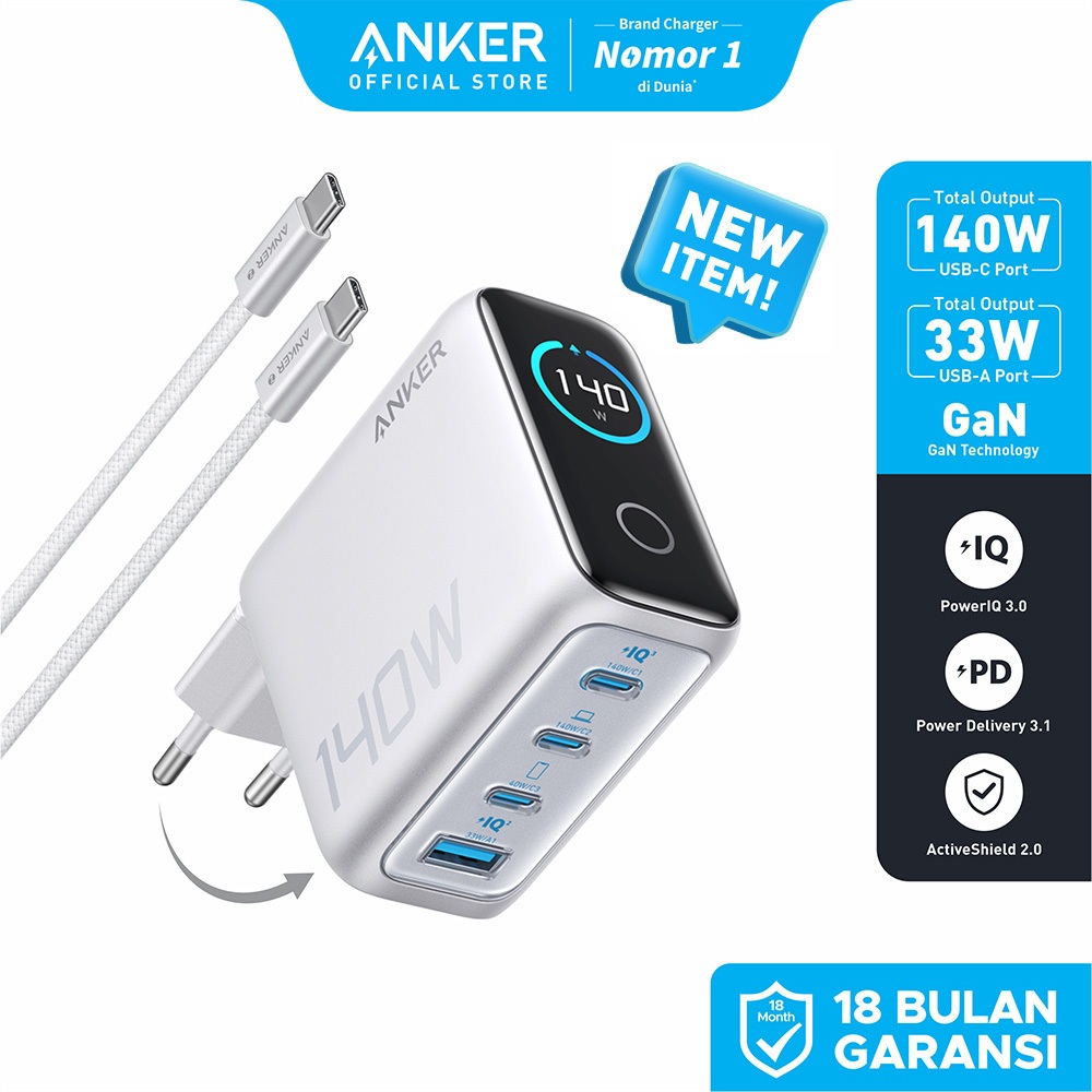 Anker Smart Digital Touch Display 140W GaN Charger Foldable Fast Charging 4 Ports with Type C Cable 