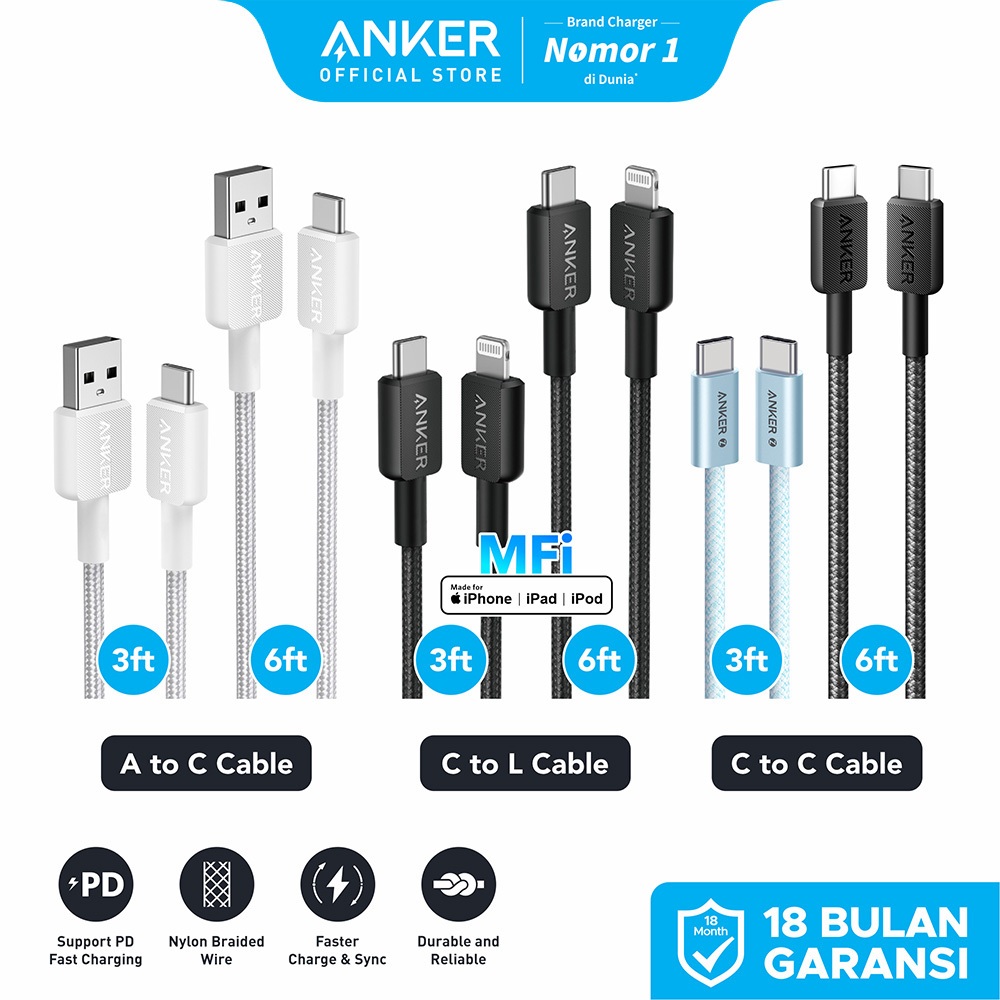 Anker Kabel Charger MFi iPhone X 11 12 13 14 15 16 PD Type C to C USB A and Lightning Fast Charging 