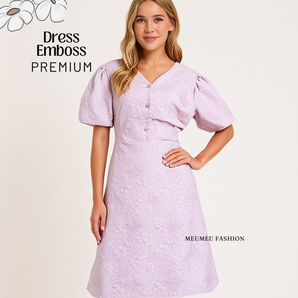 Dress Emboss Premium Import BKK Dress Wanita Motif Bunga Import Bangkok Mewah