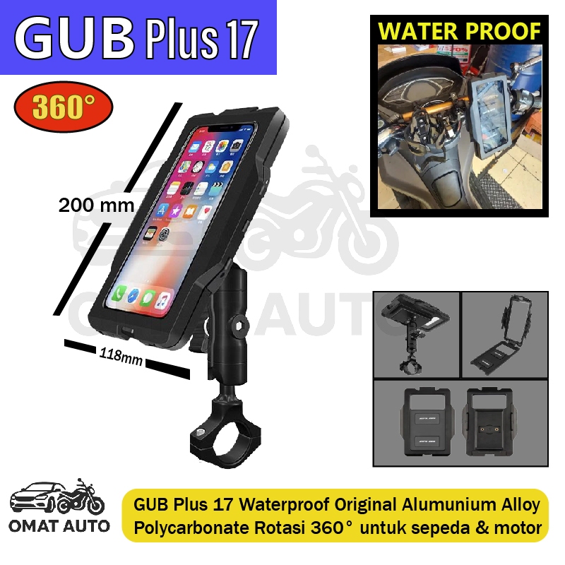 GUB Plus 17 Holder HP Motor Full Besi Waterproof Anti Air Dudukan HP - GUB Plus 17, Hitam