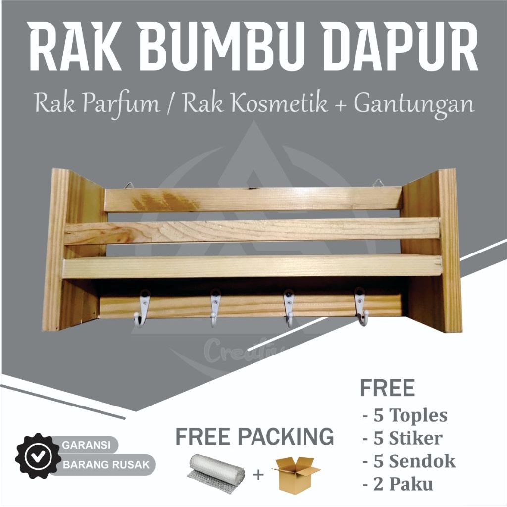 Rak + Gantungan Serbaguna, Rak Parfum, Rak Kosmetik,  kayu jati belanda/pinus Free 5 gantungan besi,