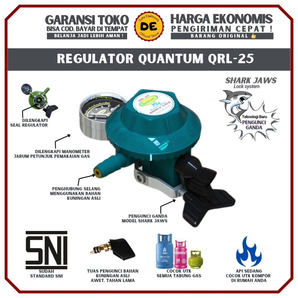 QUANTUM Regulator Gas LPG Double Lock QRL-25 / Regulator Tekanan Rendah Double Lock dengan Meteran