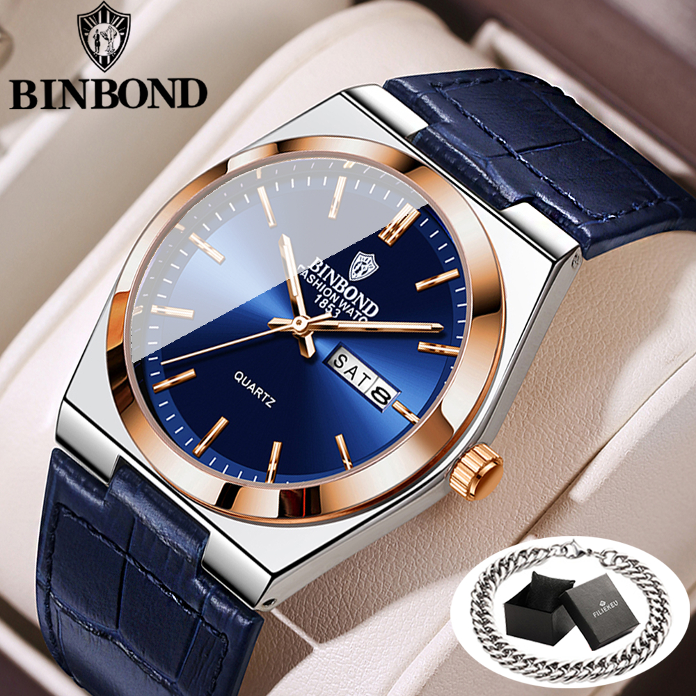 BINBOND Jam Tangan Pria Original Kalender Bercahaya Tahan Air Jam Tangan Bisnis Kasual Kulit Kuarsa