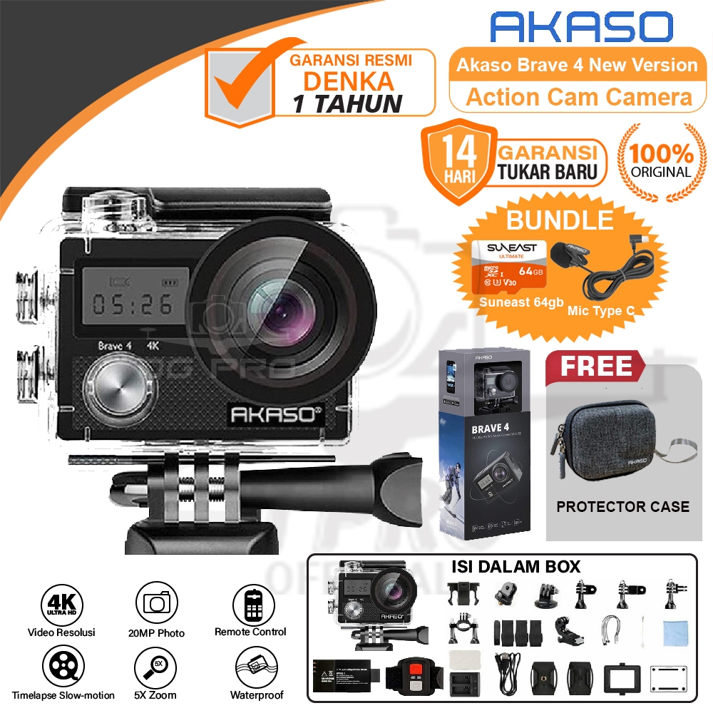 Akaso Brave 4 New Version Action Cam Camera Wifi 4K Waterproof + Remote Resmi