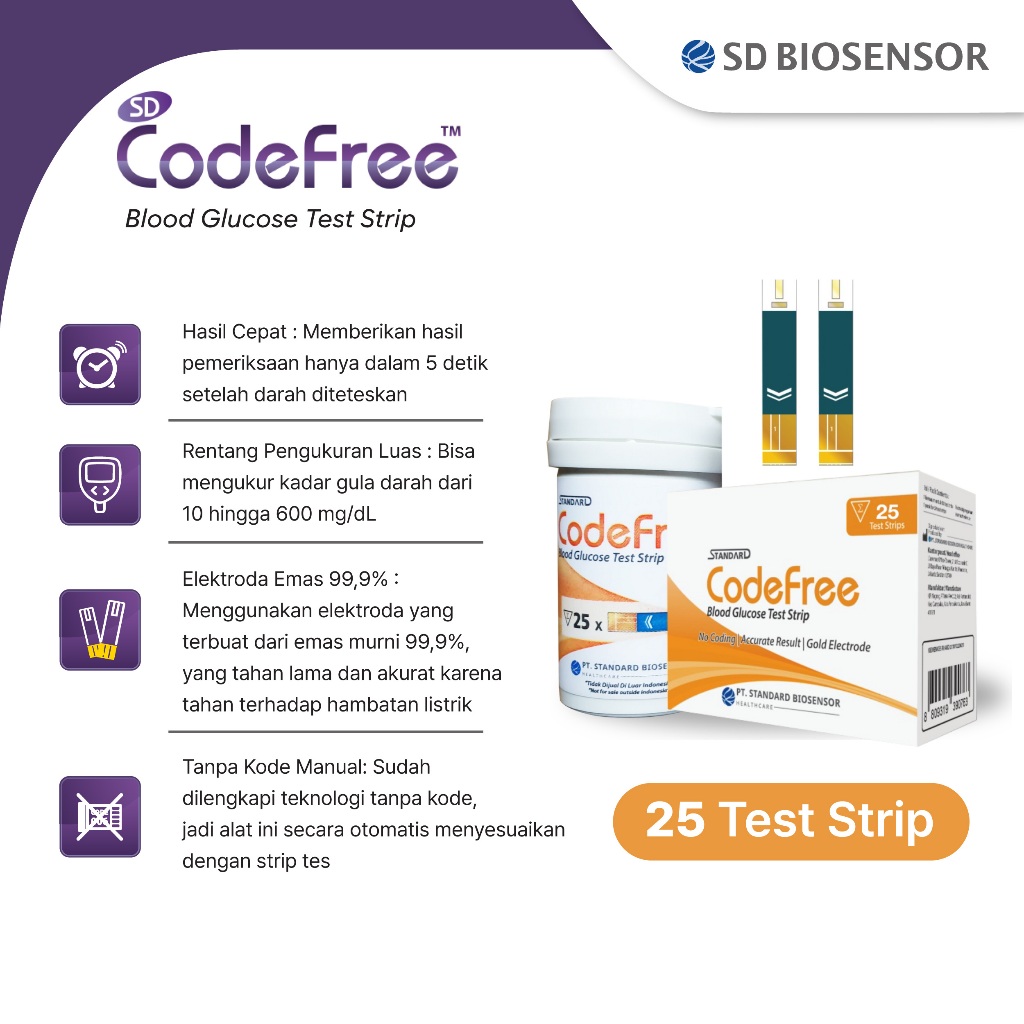 SD BIOSENSOR CodeFree Blood Glucose Test Strips 25 pcs / Strip Gula Darah CodeFree Biosensor isi 25