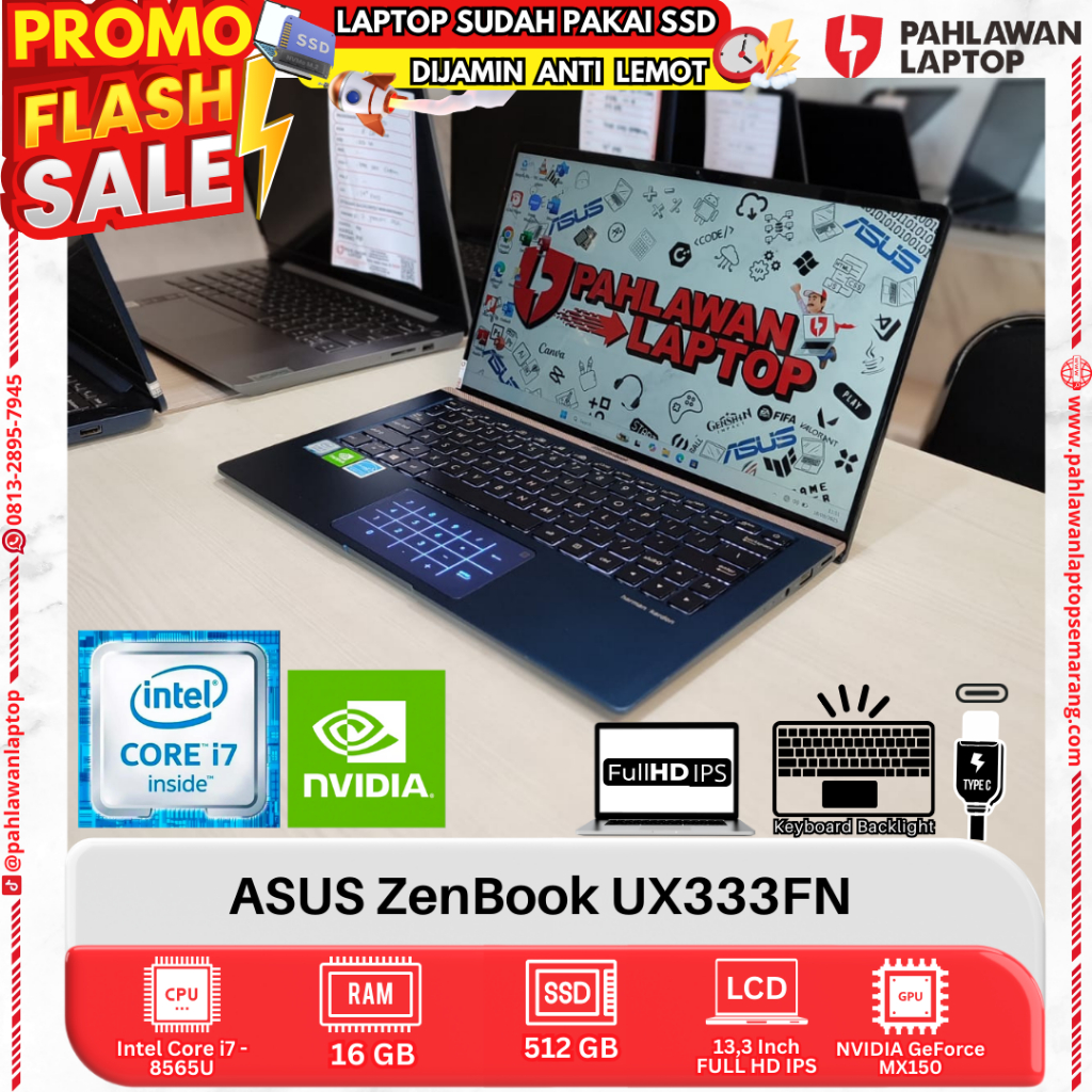 LAPTOP ASUS ZenBook UX333FN CORE i7 GEN 8 RAM 16GB SSD 512GB DUAL VGA