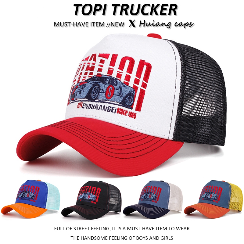 Topi trucker STATION sports car pattern embroidery baseball cap fashion vintage hat for pria wanita