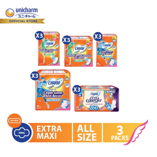 Charm Pembalut Body Fit Extra Maxi - Wing/Non Wing - 3 Packs - AMS