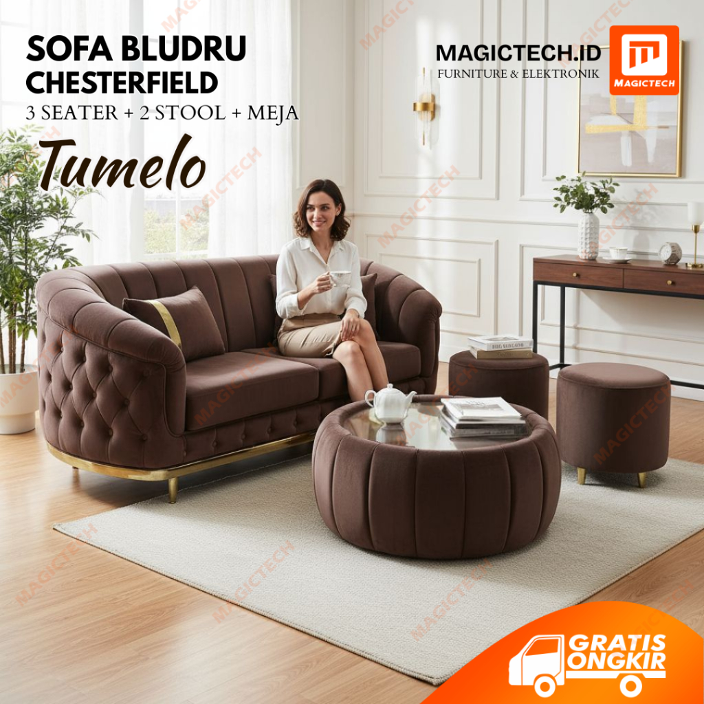 SOFA TUMELO MINIMALIS CHESTERFIELD TURKEY BLUDRU VELVET PREMIUM 3 DUDUKAN + 2 STOOL + 1 MEJA BULAT