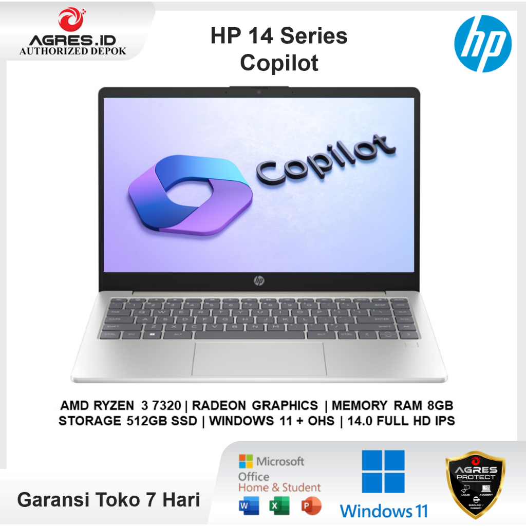 Laptop  HP 14 Ryzen 3 7320 8GB 512GB Win 11 OHS 14.0 Full HD IPS BLIT COPILOT
