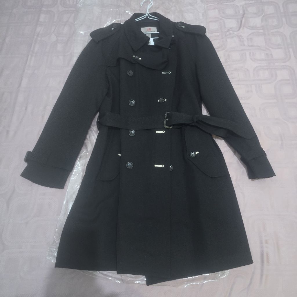 RARE H&M x Comme des Garcons mens black belted trench coat CDG mantel pria jaket musim gugur