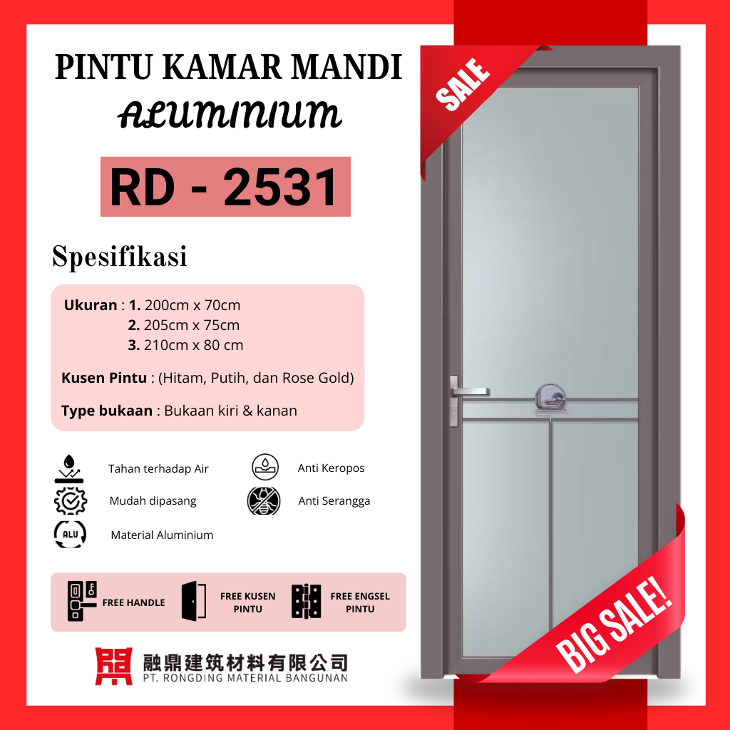 RONGDING - Pintu Aluminium Tipe-2531 UK 70*200CM 75*205CM 80*210CM Pintu Kamar Mandi Elegan & Mewah