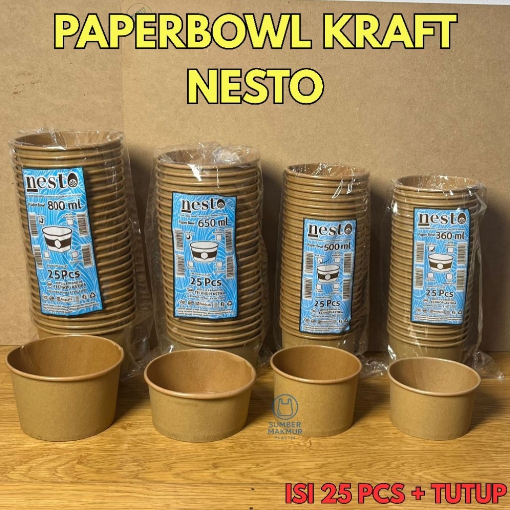 Paper Bowl Nesto Kraft Coklat Laminasi + Tutup Food Grade Tebal Mangkok Kertas Rice Bowl Isi 25 Pcs