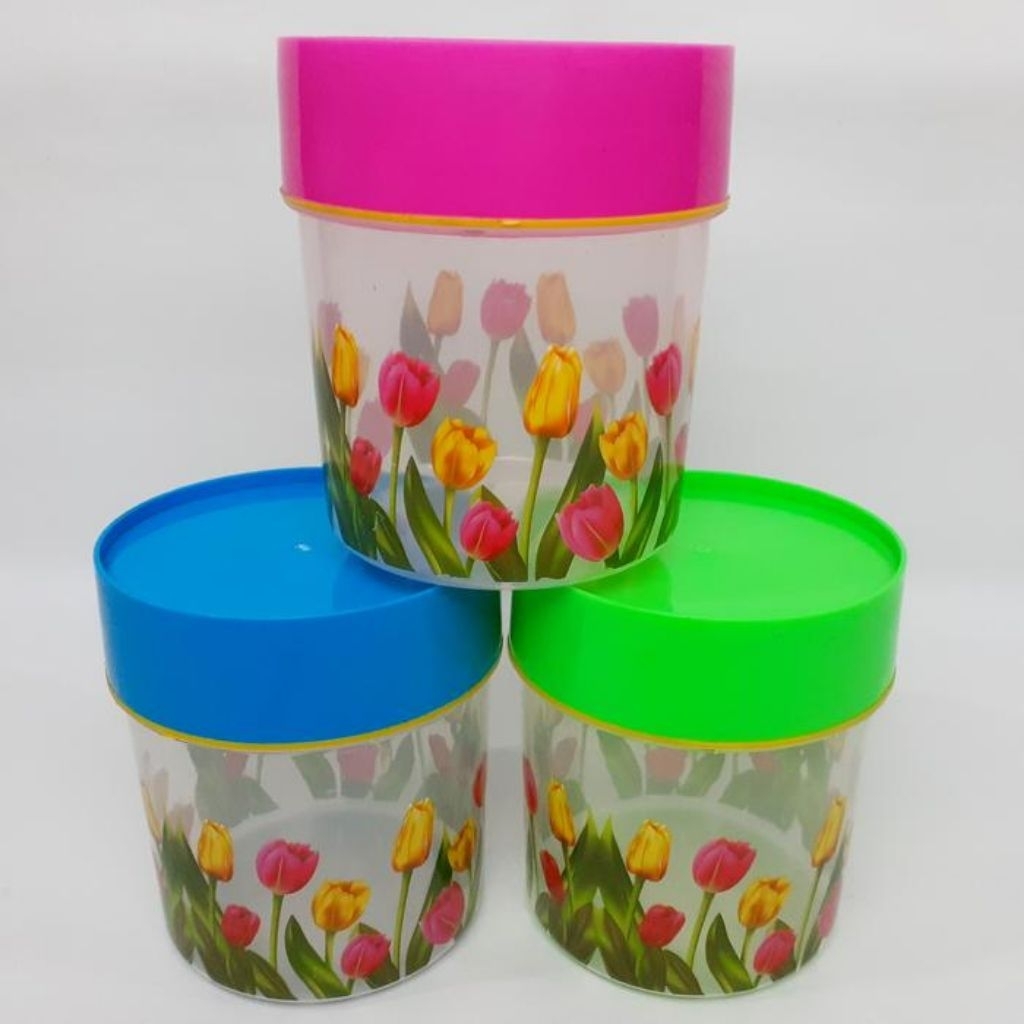 toples kue 3 pcs  tutup ulir motif toples plastik saos