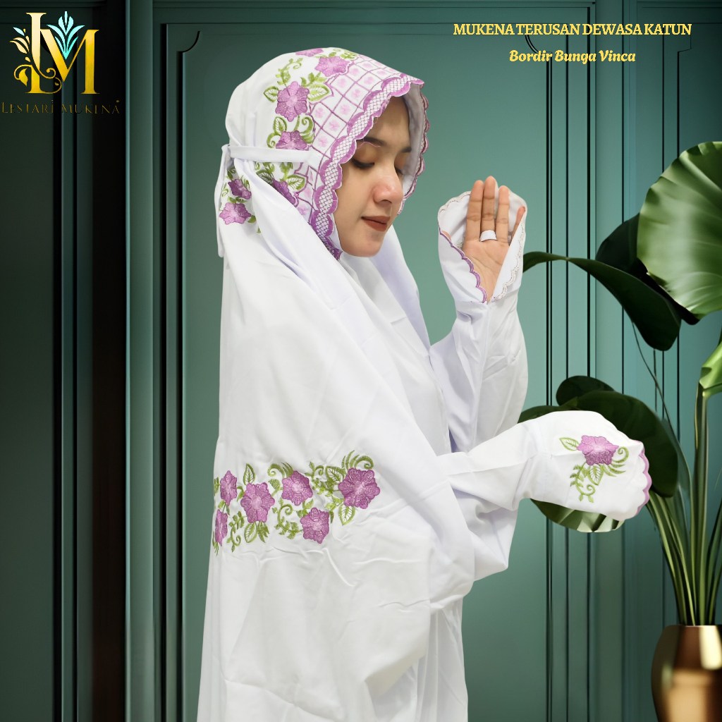 Mukena Terusan Dewasa Katun Polino Motif Bordir Bunga Vinca Indah