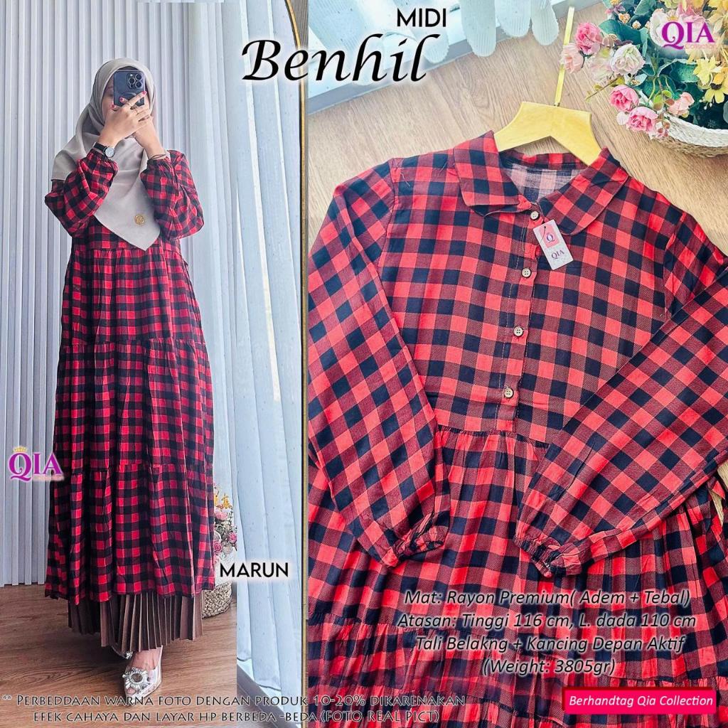 Gamis Midi Dress Benhil Original QIA Collection Rayon Premium Tebal Adem Motif Kotak Busui Friendly 