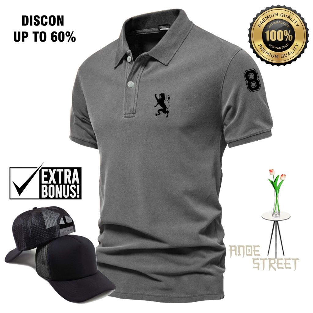 Bonus Topi - Kaos Polos Distro Lengan Pendek Polo Singa Hitam Tshirt Polo Unisex Pria&Wanita Bisa CO