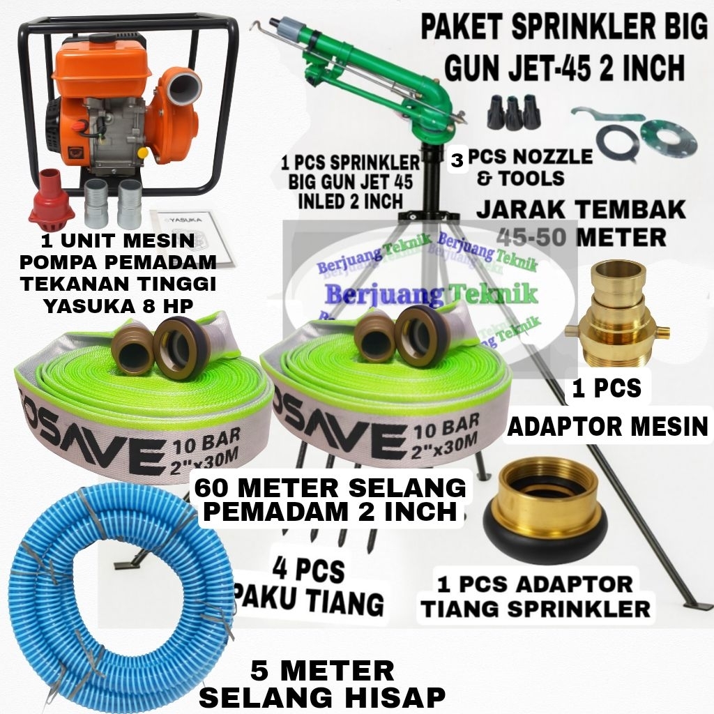 Paket Sprinkler BIG GUN JET 45 Jarak tembak 45-50 Meter Komplit siap pakai 60 meter Selang 2 inch|| 
