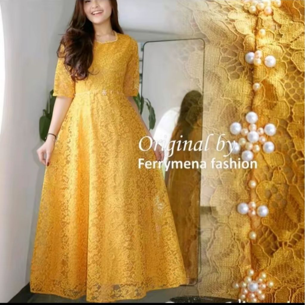 Long Dress Brokat Gold Mutiara – Gaun Pesta Elegan Terbaru