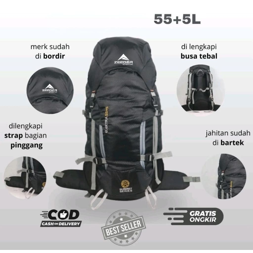 Tas Ransel Gunung 55+5 L # Tas Hiking # Tas Carrier 50L Fiber