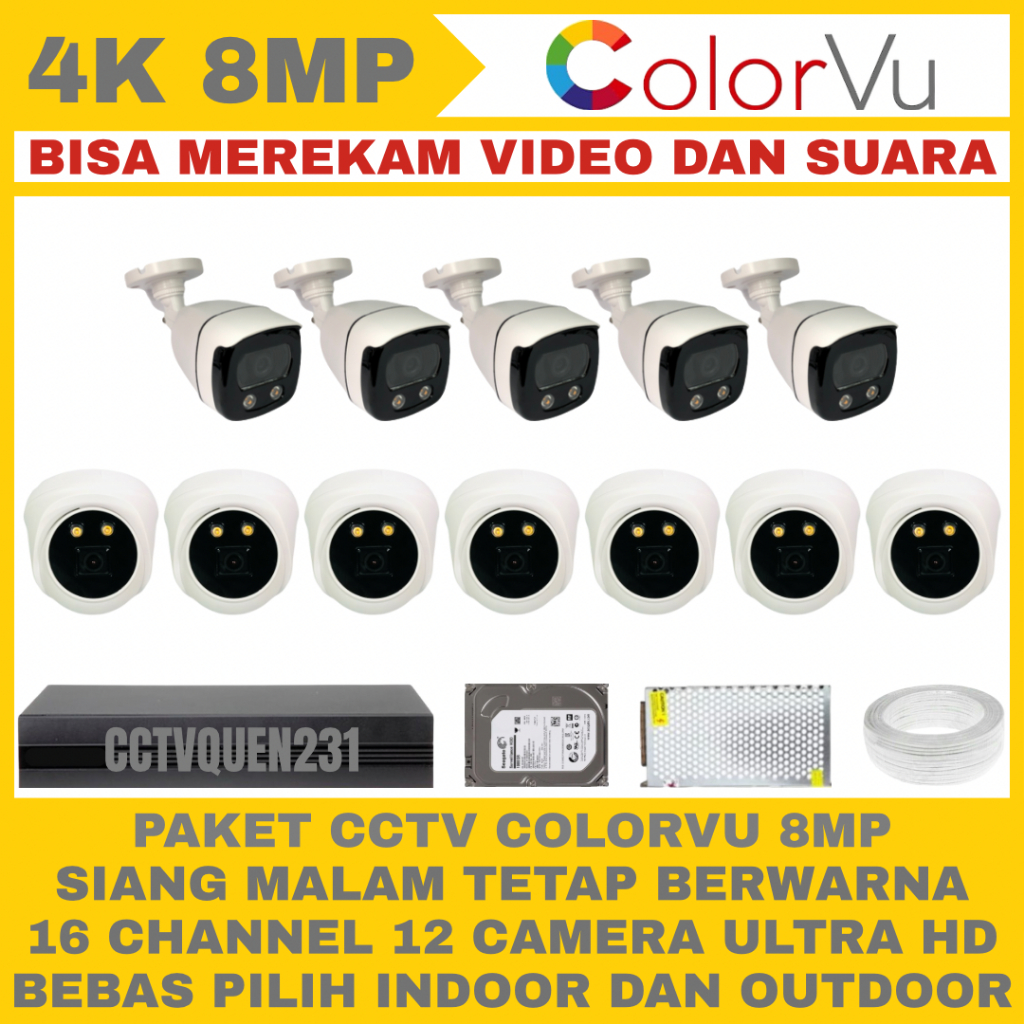 PAKET CCTV COLORVU 8MP 16 CHANNEL 12 KAMERA ULTRA HD 4K CAMERA IR SONY AUDIO SERIES